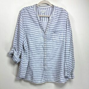 (T4) Coldwater Creek Women's 100% Linen Striped V-Neck Beach Tunic Top, Size 2X